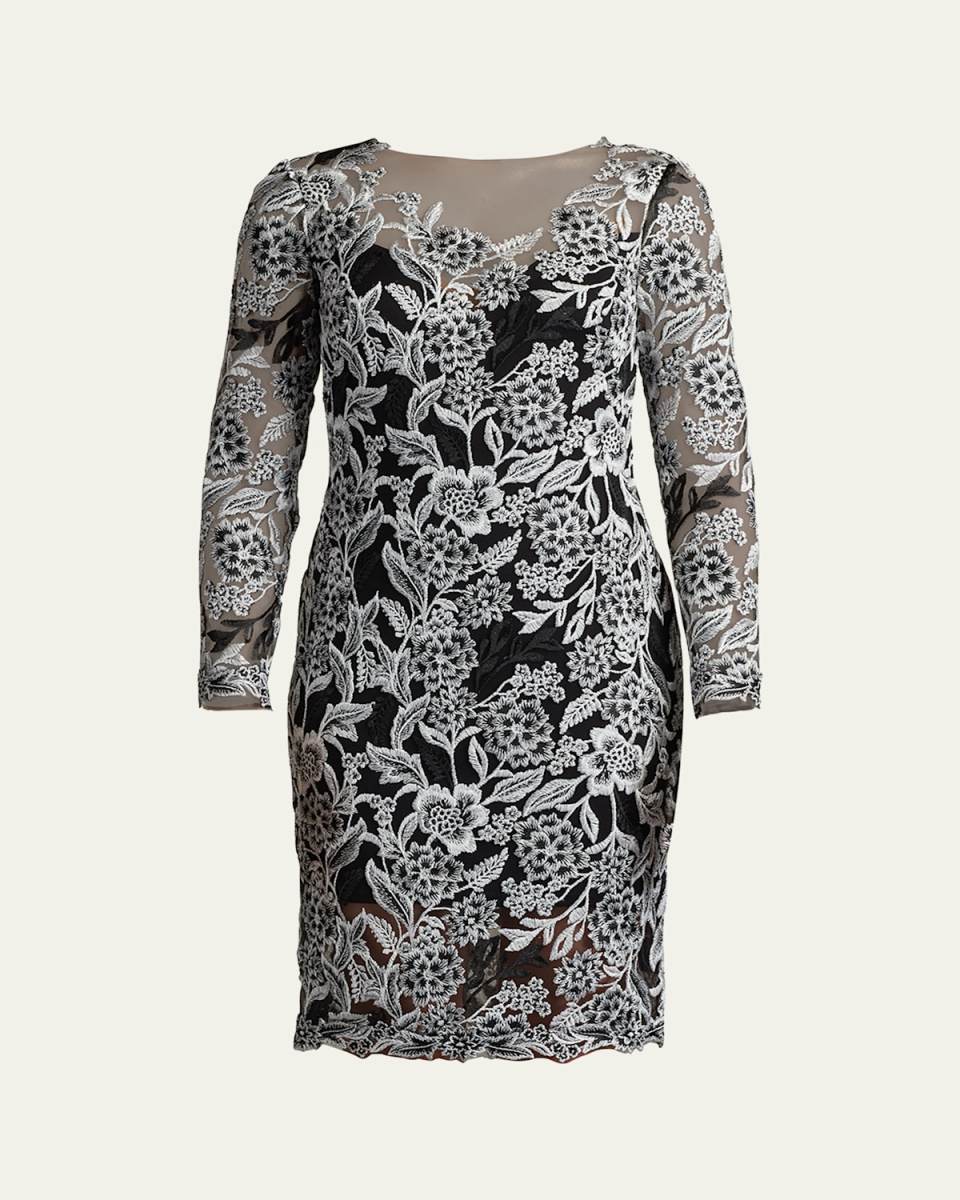Floral-Embroidered Illusion Midi Dress